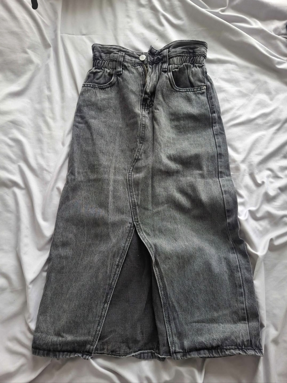 High-Waist Gray Denim Midi Skirt with Front Slit